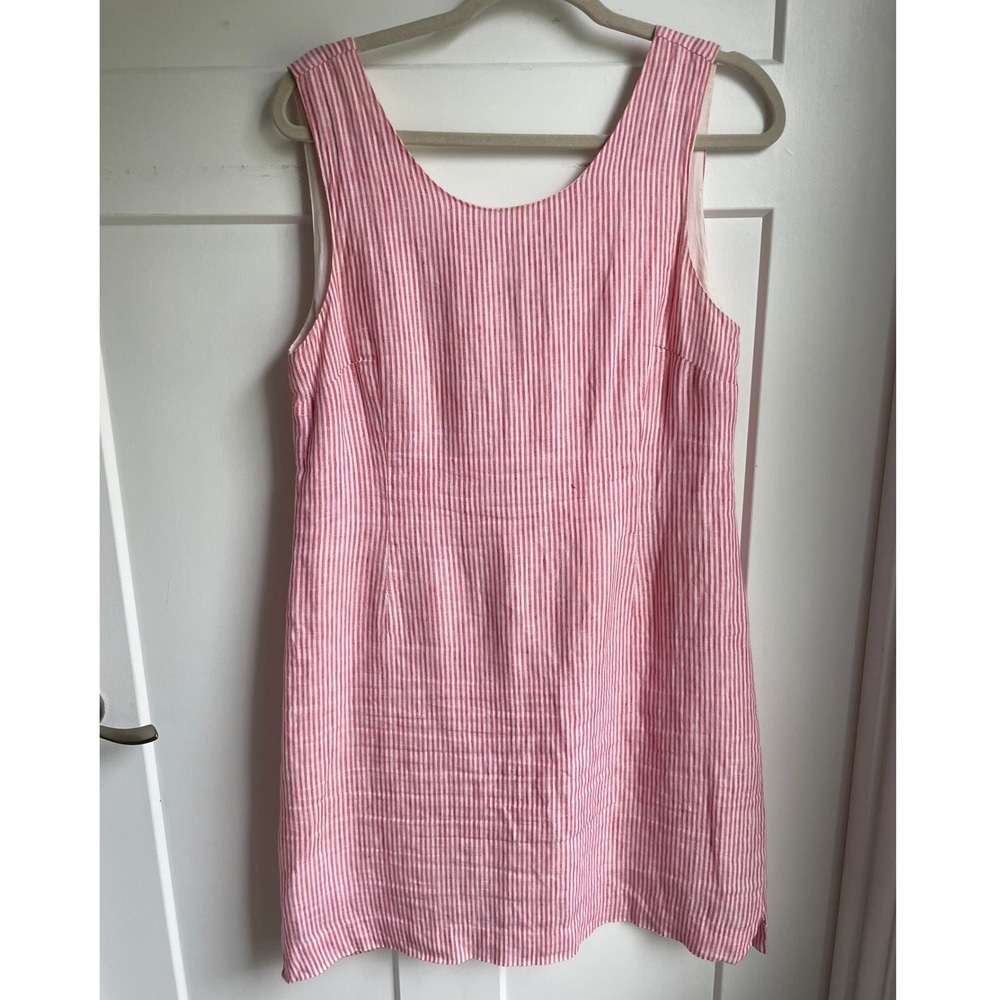 HIHO Tortola Ginnie 100% Linen Shift Dress S Pink White Stripe Sleeveless Resort